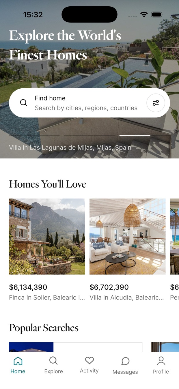 JamesEdition app Home screen: Explore the World's Finest Homes hero, the Find home search field, and the Homes You'll Love carousel of luxury listings