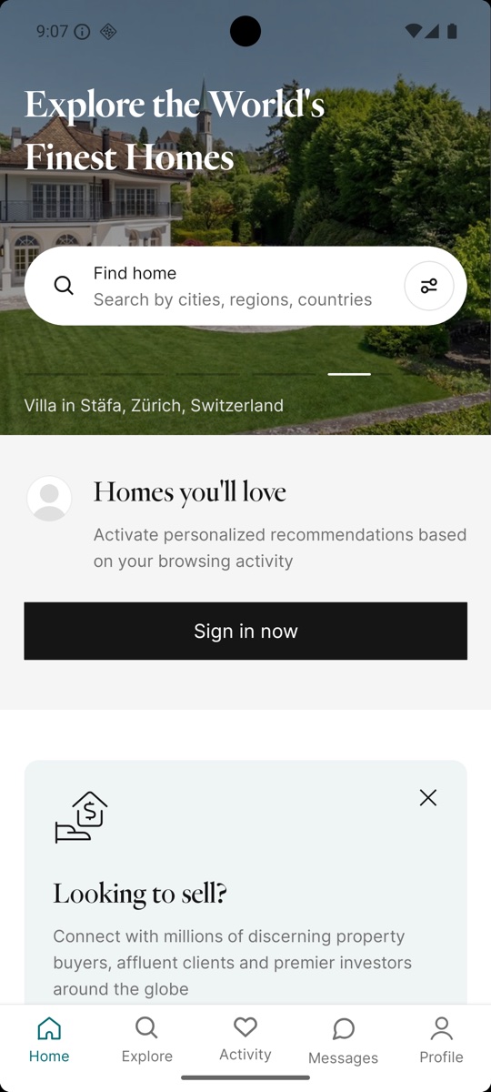 JamesEdition app Home screen on Android, showing the hero, the search field and the carousel of luxury listings