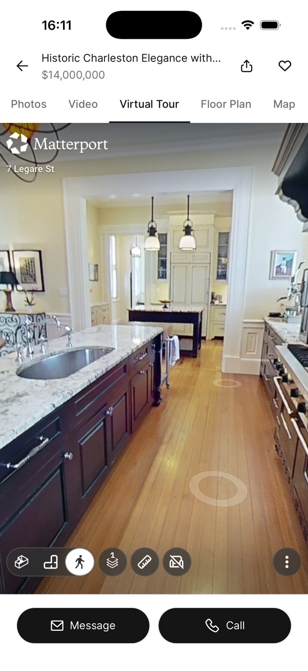 JamesEdition virtual tour of 7 Legare St inside the app, with Photos, Video, Virtual Tour, Floor Plan and Map tabs