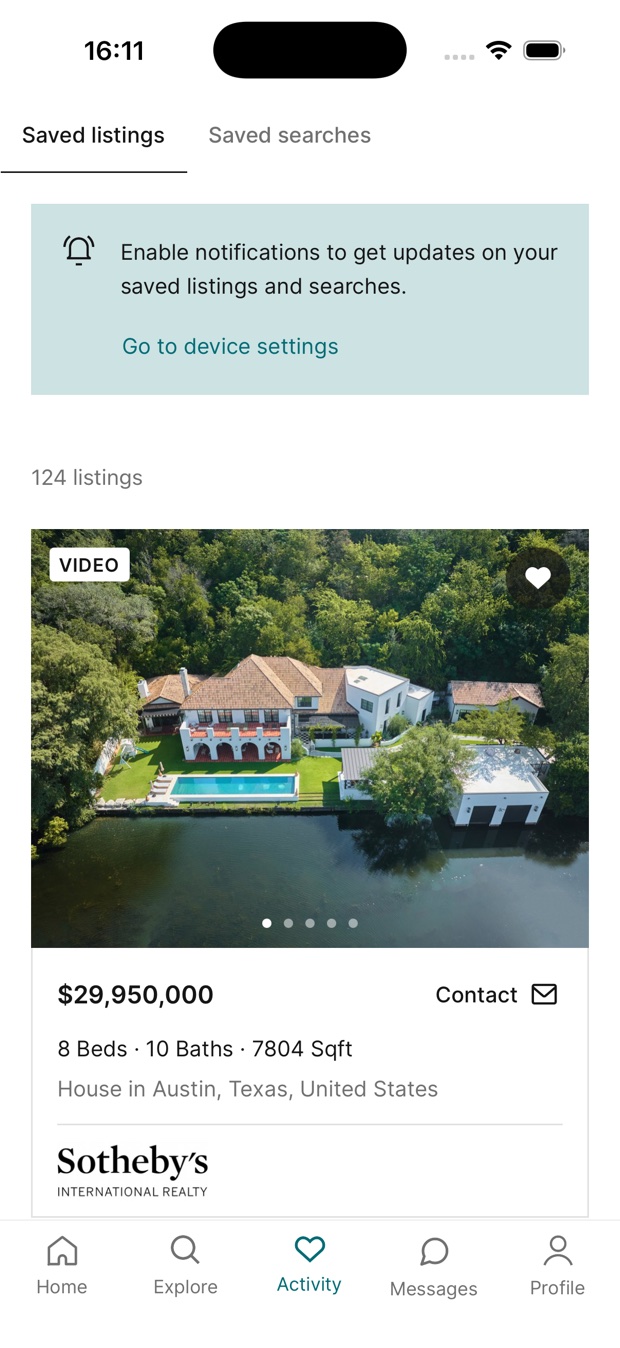 JamesEdition Activity screen with Saved listings and Saved searches tabs, notification prompt, and a $29,950,000 Austin house from Sotheby's International Realty