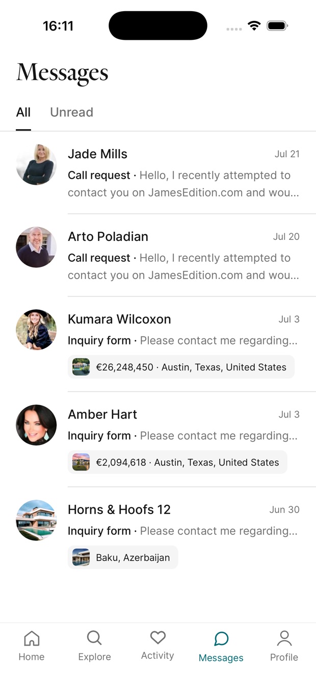 JamesEdition Messages inbox with call requests and inquiry forms from agents Jade Mills, Arto Poladian, Kumara Wilcoxon and Amber Hart