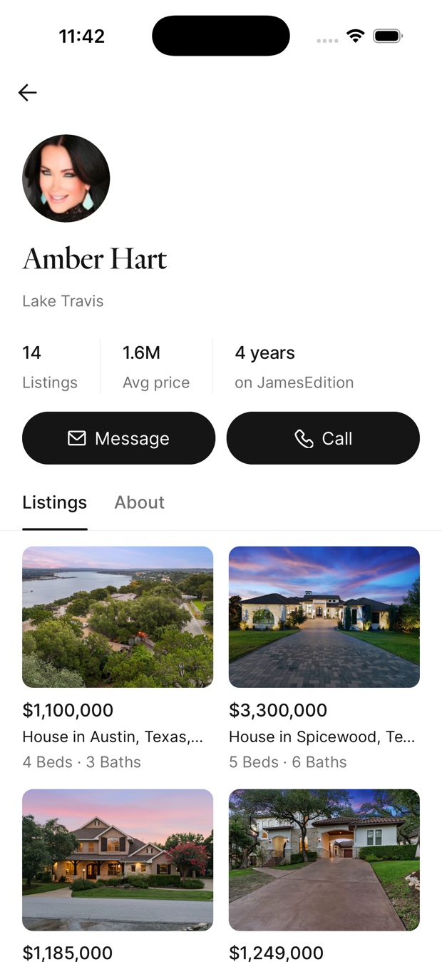 JamesEdition agent profile screen: Amber Hart, Lake Travis, 14 listings, $1.6M average price, 4 years on JamesEdition, with Message and Call buttons above her listings
